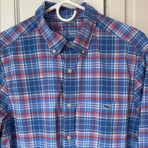 Vineyard Vines Men's Blue and Red Plaid Shirt